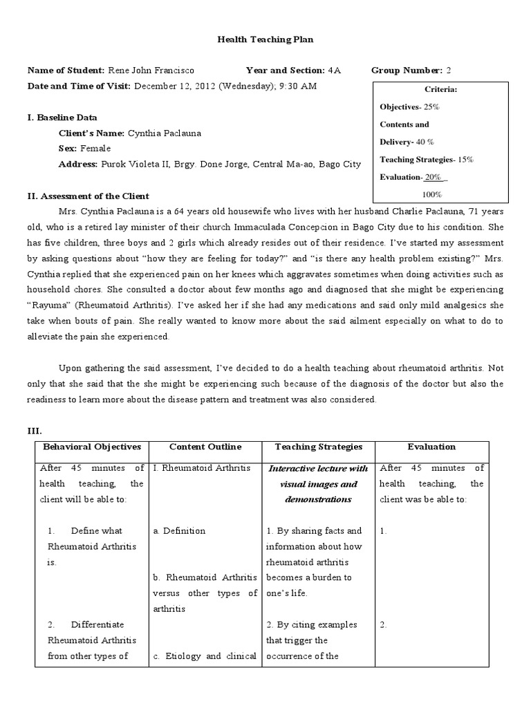 Health Teaching Plan PDF Arthritis Rheumatoid Arthritis