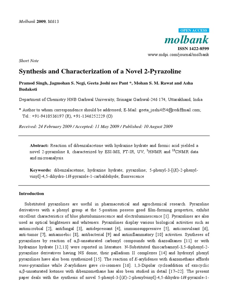 Molbank: Synthesis and Characterization of A Novel 2-Pyrazoline | PDF