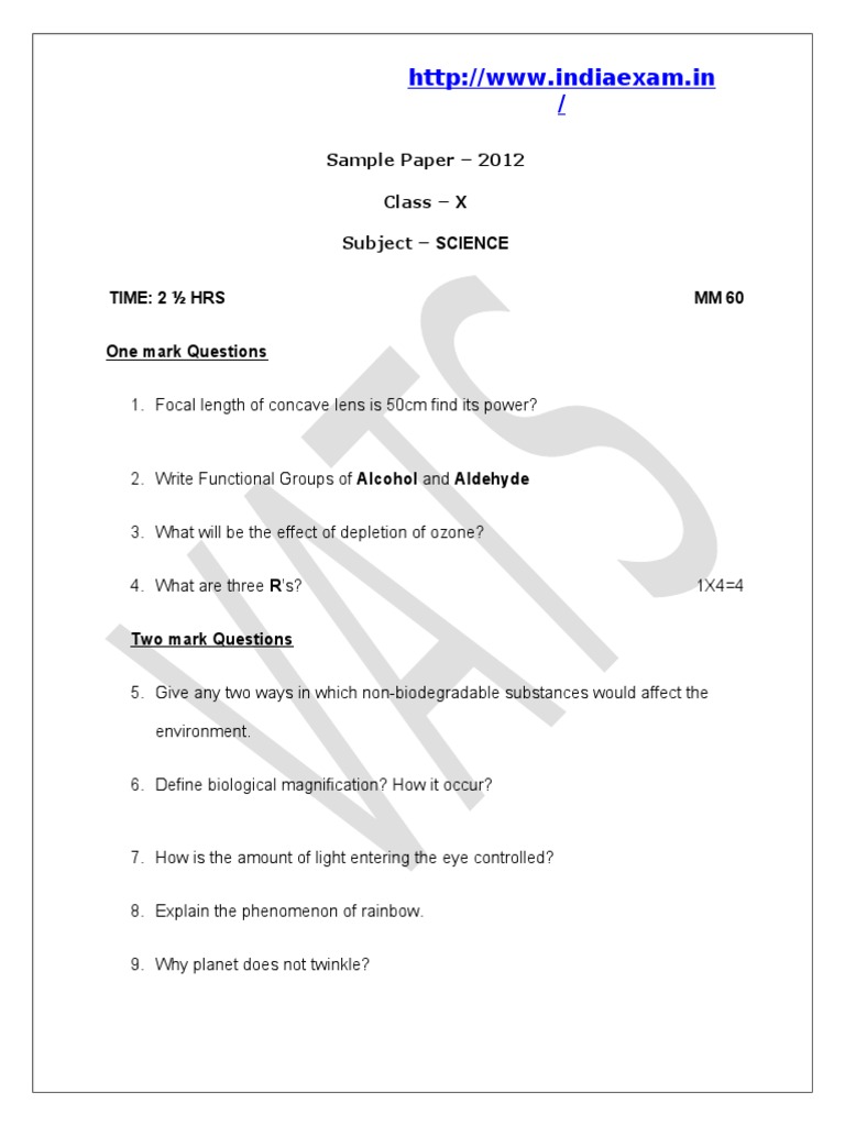Sample Paper 2012 Class X Subject SCIENCE Time 2 Hrs MM 60 One