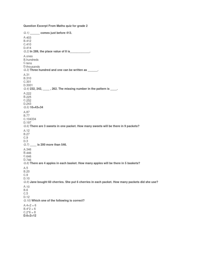 Maths Quiz For Grade 2 PDF Notation Mathematical Notation