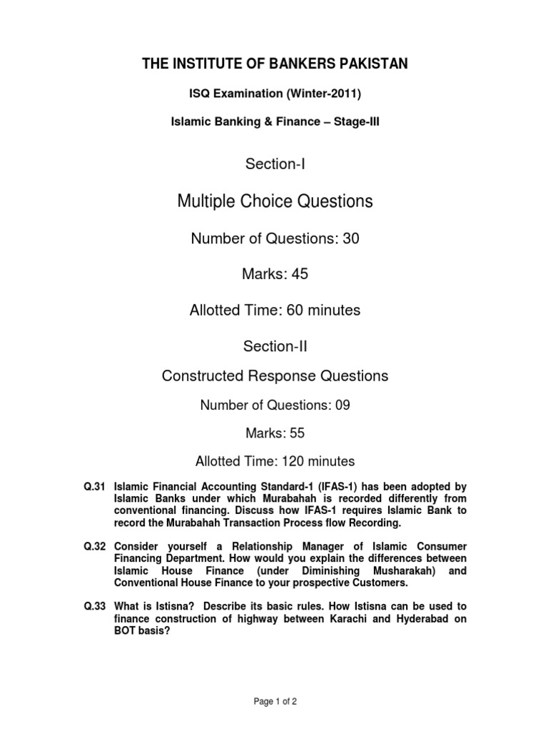 Islamic Banking & Finance Exam Questions | PDF | Islamic Banking And ...