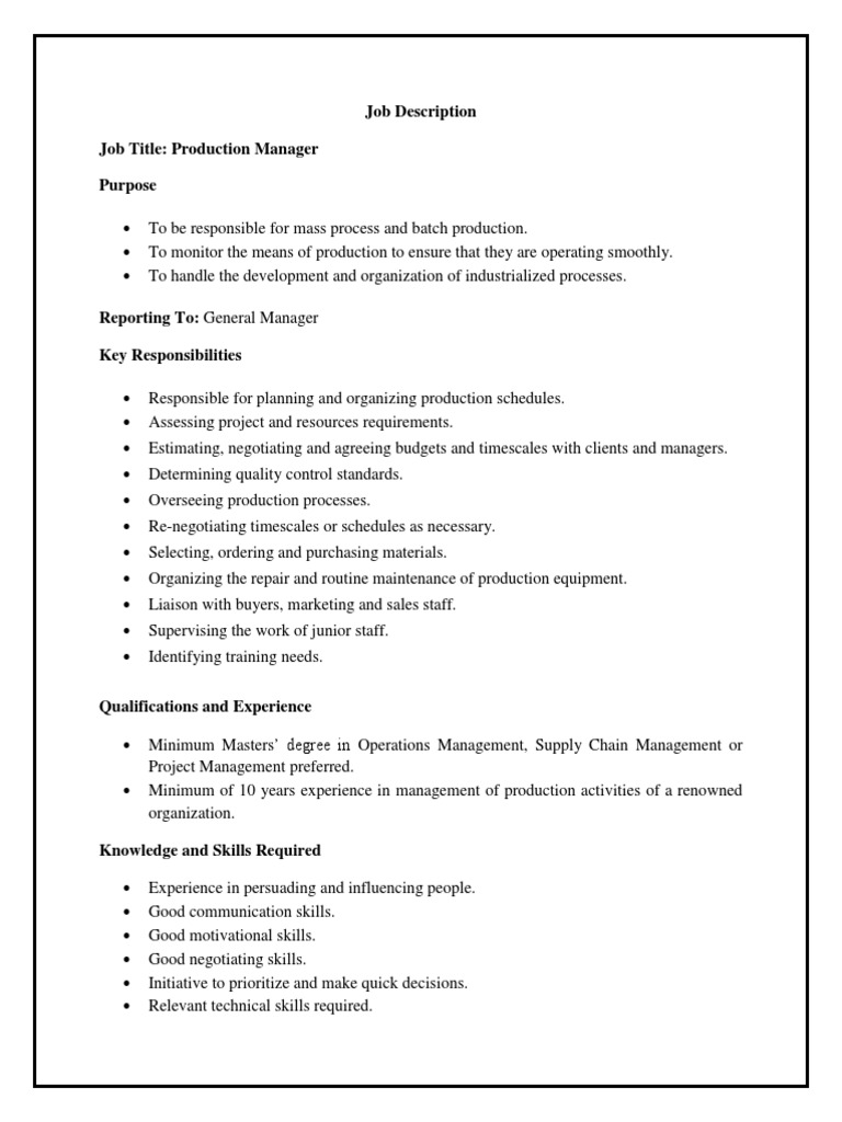 Job Description Job Title: Production Manager Purpose | PDF