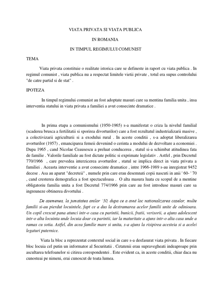 Viata Publica Si Viata Privata In Romania In Timpul Regimului Comunist