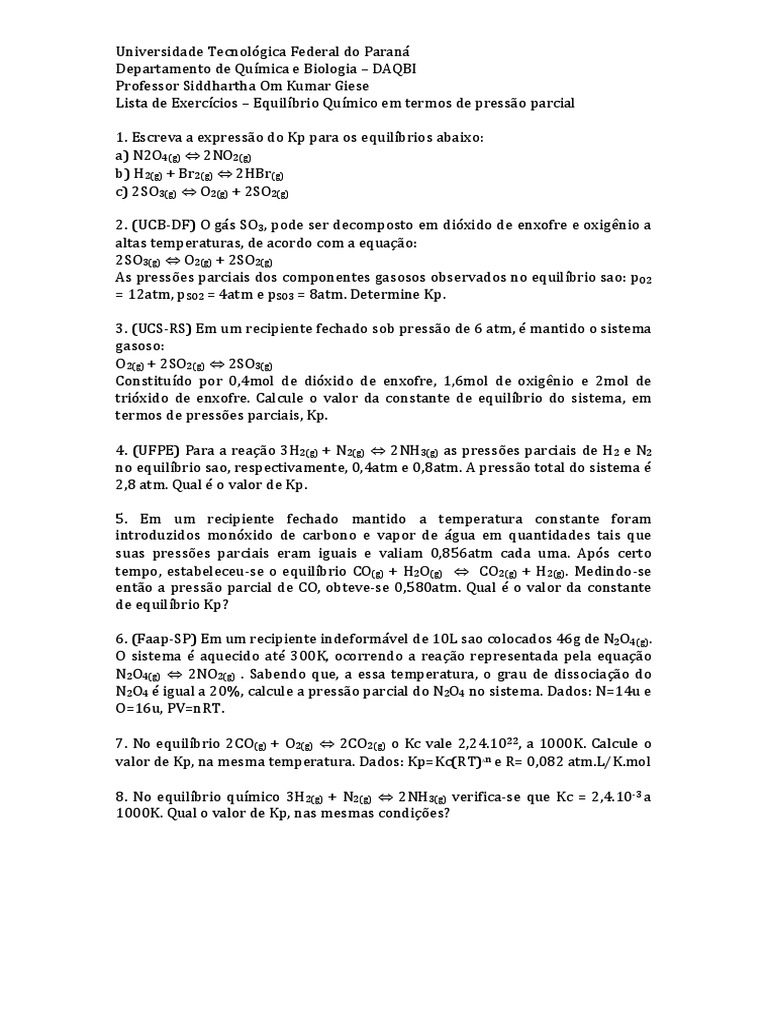 Lista De Exercícios De Balanceamento Químico Com Gabarito