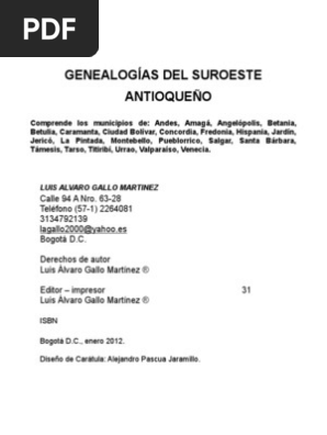 Genealogia Del Suroeste Antioqueno Colombia