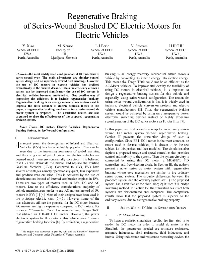 Regenerative Braking of SeriesWound Brushed DC Electric Motors For Electric Vehicles PDF