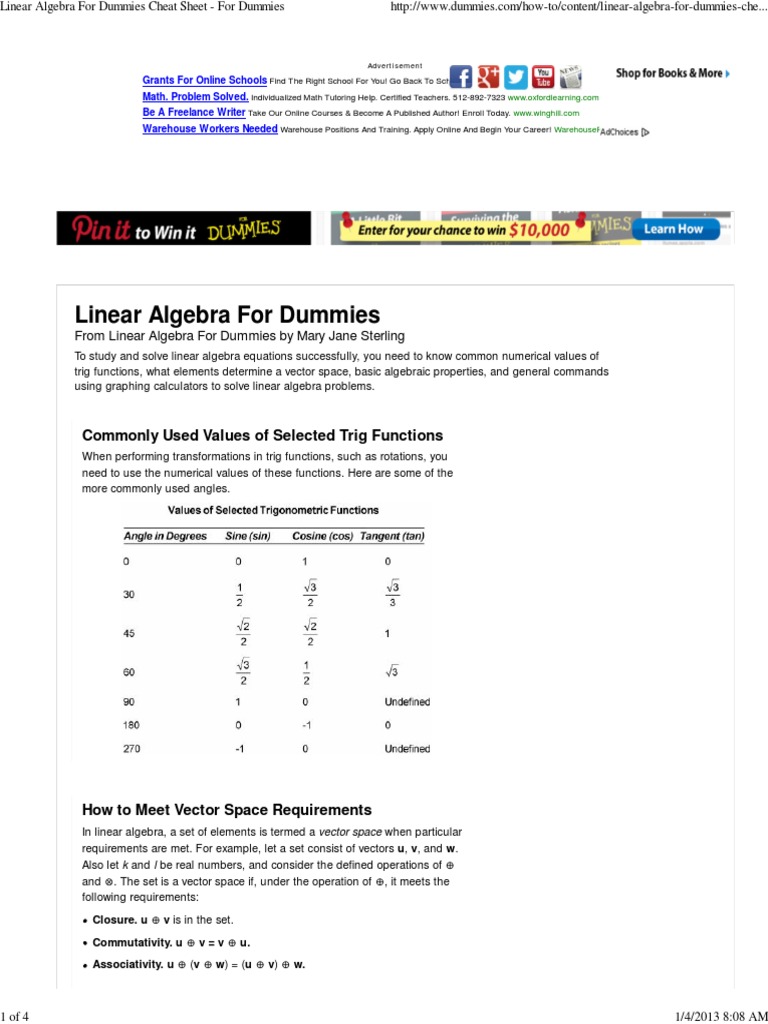 Linear Algebra For Dummies Cheat Sheet - For Dummies.pdf | Linear ...