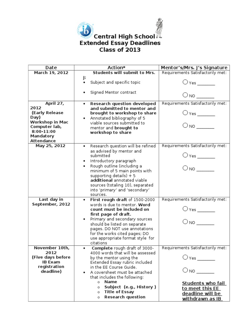 O o o o o O: Central High School Extended Essay Deadlines Class of 2013 ...