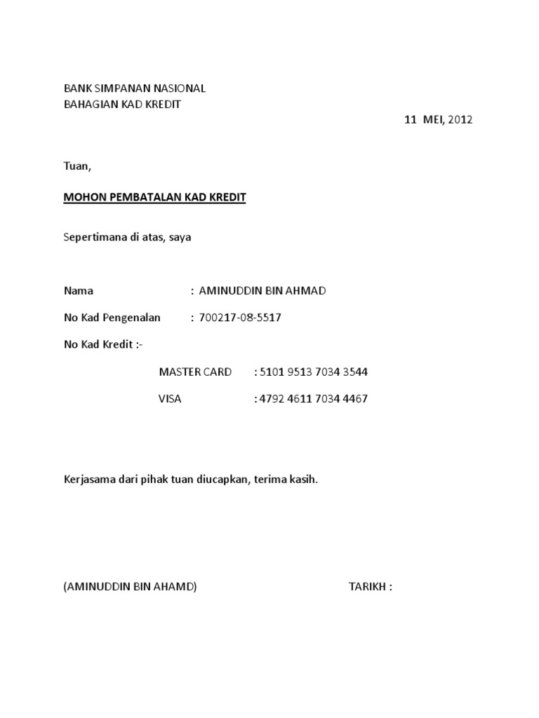 Contoh Surat Pembatalan Mesin Kad Kredit