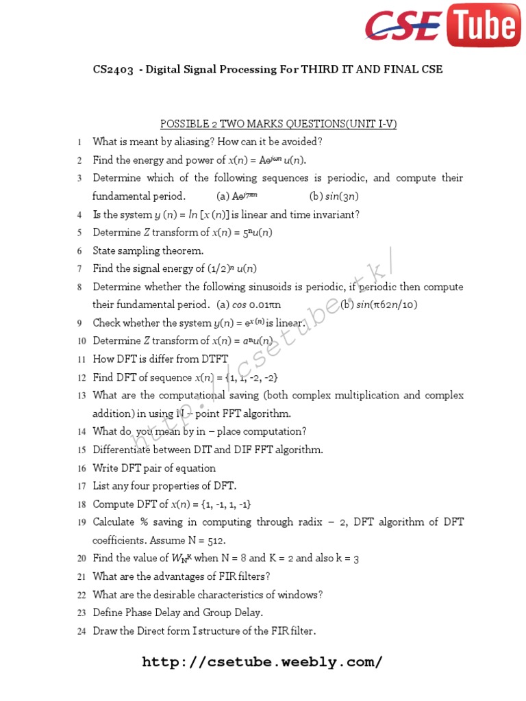 Digital Signal Processing Exam Questions | PDF