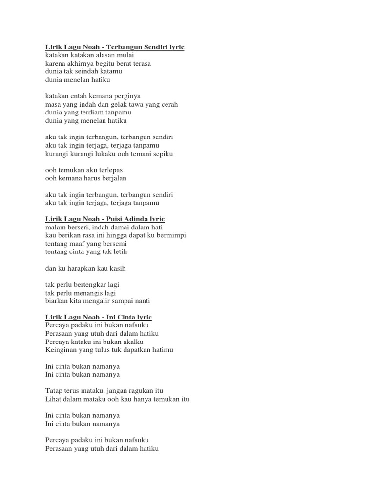 Lirik Lengkap Lagu Noah Terbaru | PDF