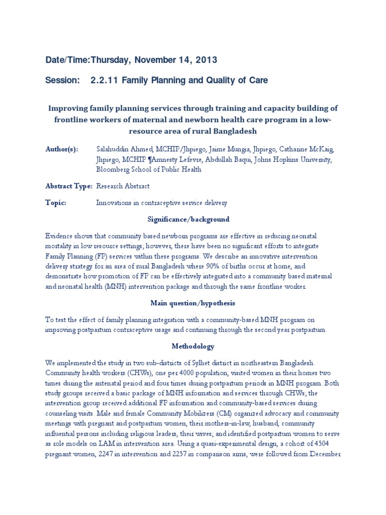 Date/Time: Thursday November 14 2013 Session: 2 2 11 Family Planning