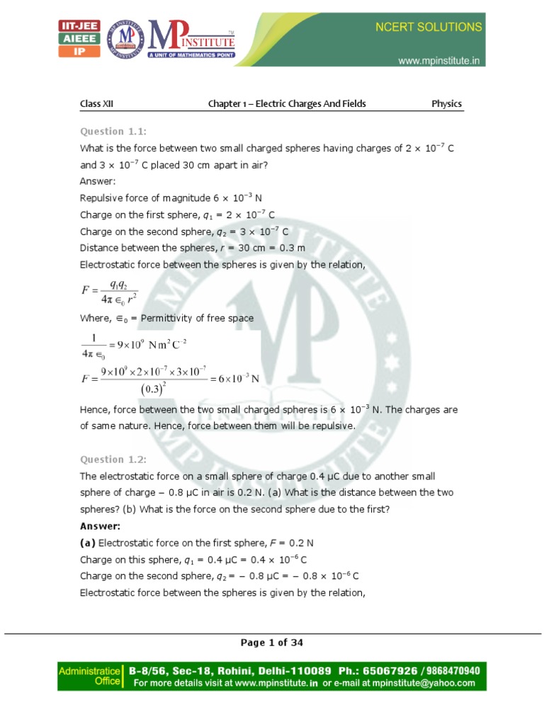 Class XII Chapter 1 - Electric Charges and Fields Physics | PDF ...