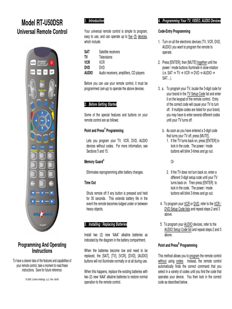 Model RT-U50DSR: Universal Remote Control | PDF | Remote Control ...