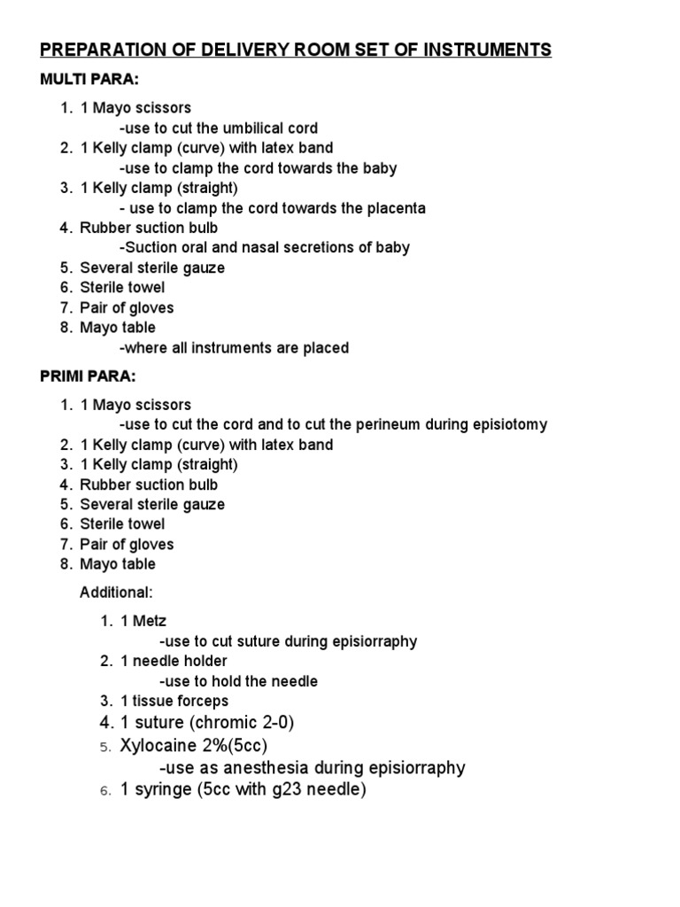 Preparation of Delivery Room Set of Instruments Handouts