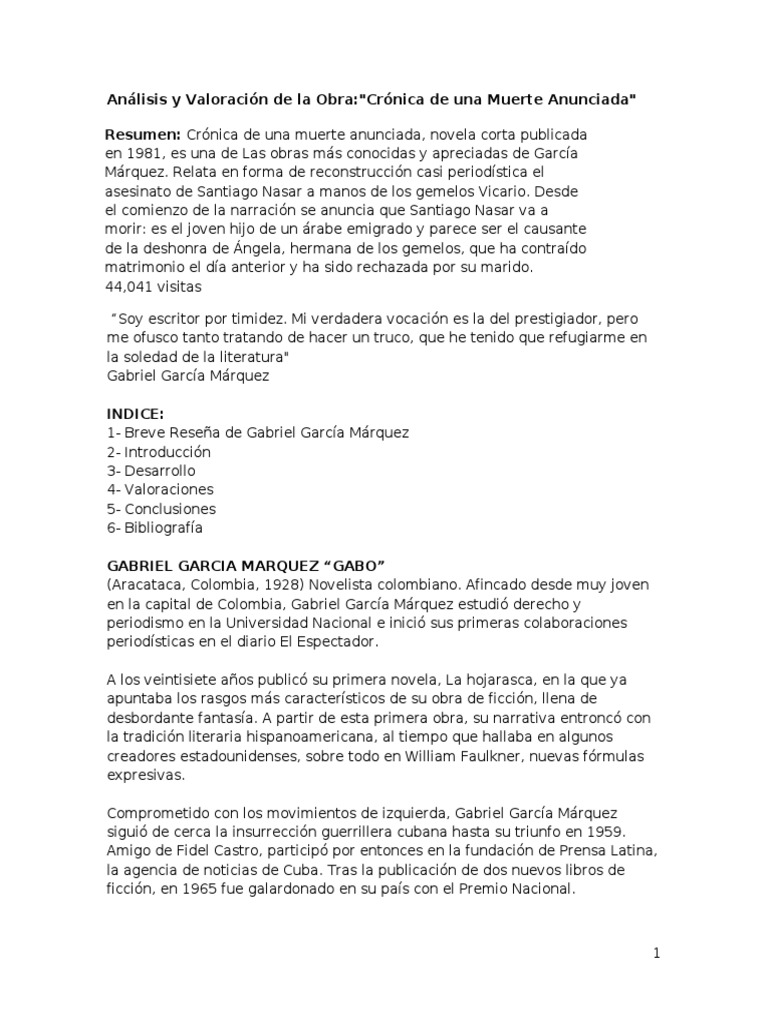 Analisis Y Valoracion De La Obra Cronica De Una Muerte Anunciada Gabriel Garcia Marquez Literatura Latinoamericana