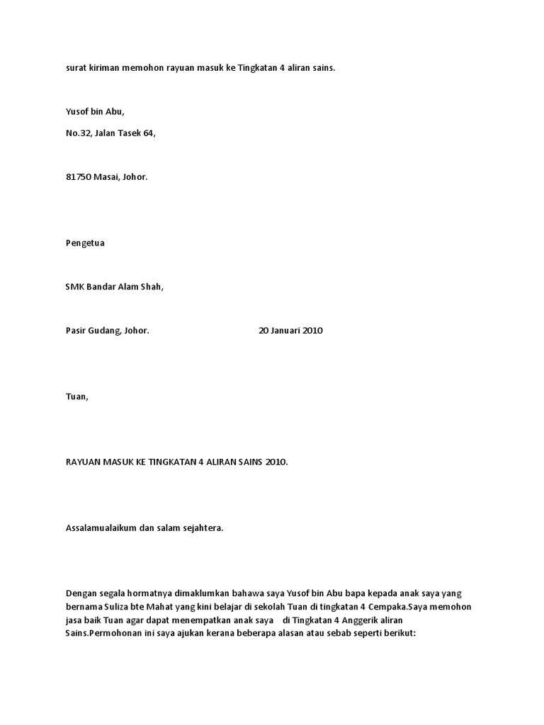 Surat Kiriman Memohon Rayuan Masuk Ke Tingkatan 4 Aliran Sains Pdf