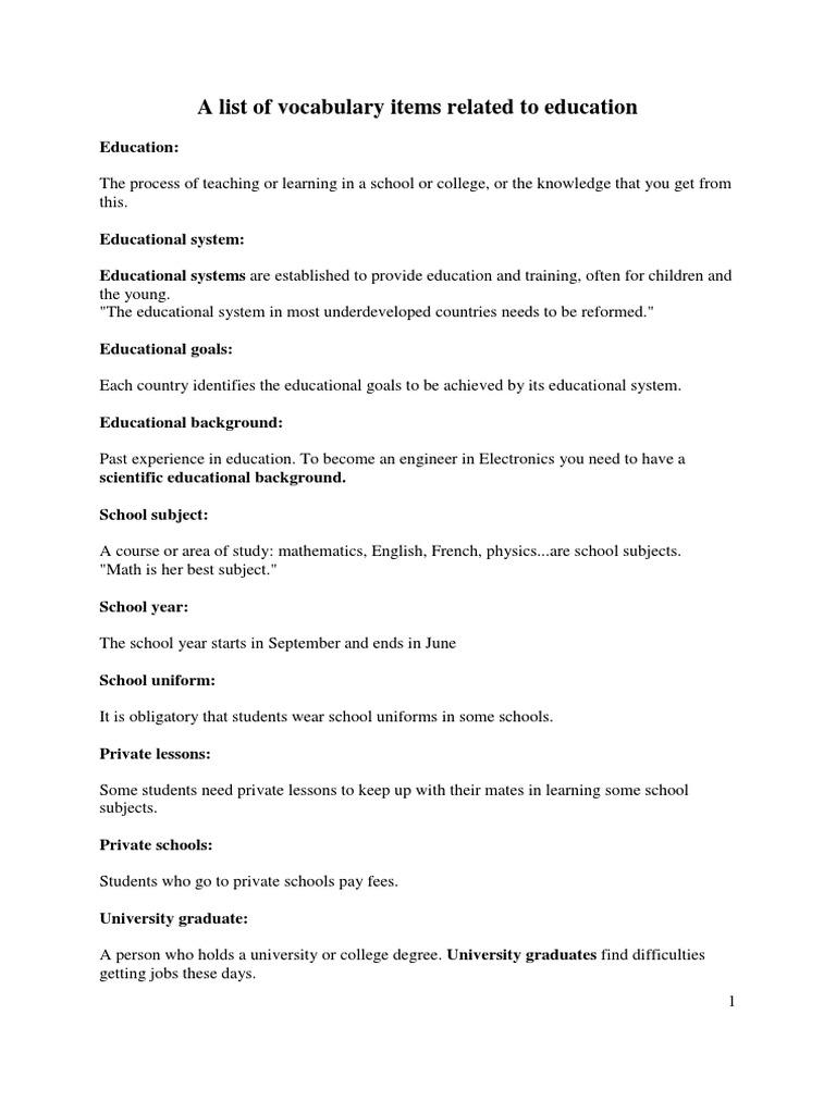 Education Vocabulary and Terms List | PDF | Secondary Education | Adult ...