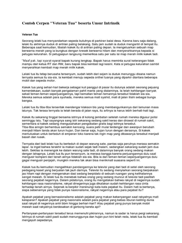 Contoh Cerpen Veteran Tua Beserta Unsur Intrinsik