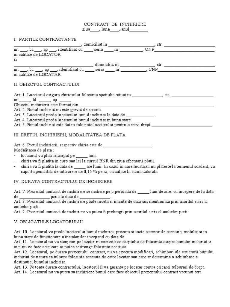 Contract de Inchiriere Simplu