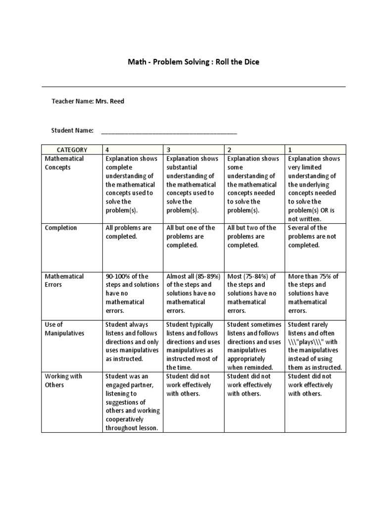 Math Problem Solving: Dice Activity | PDF