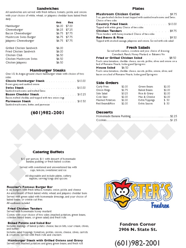 Rooster's Fondren Menu PDF