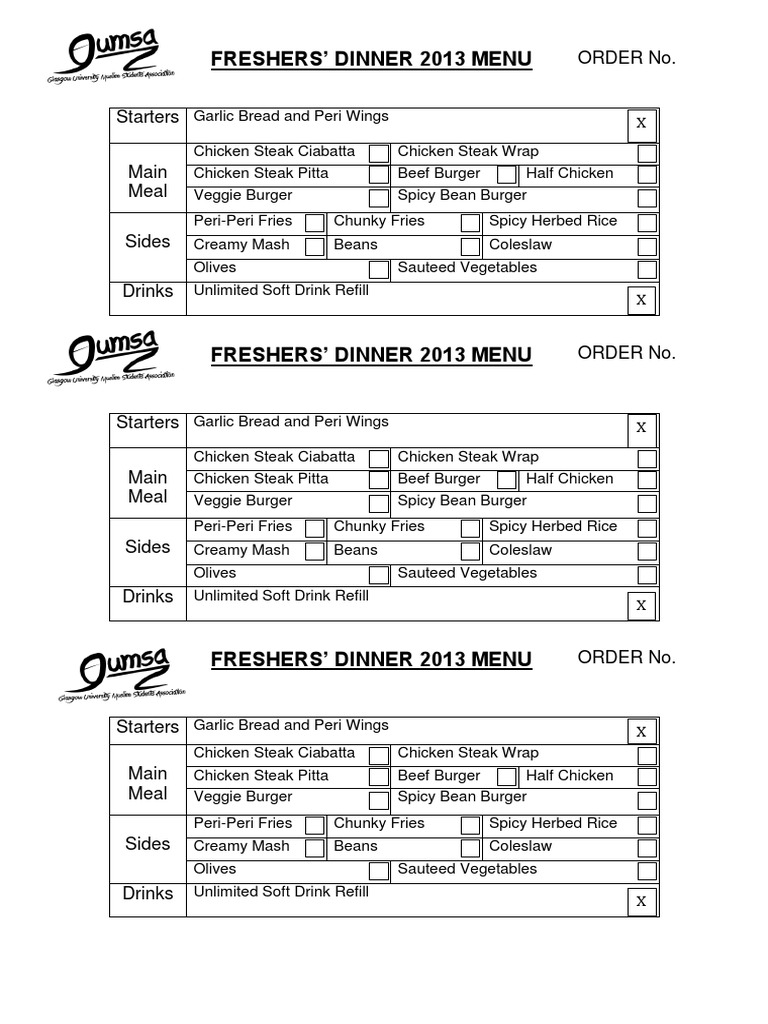 Freshers' Dinner 2013 Menu | PDF