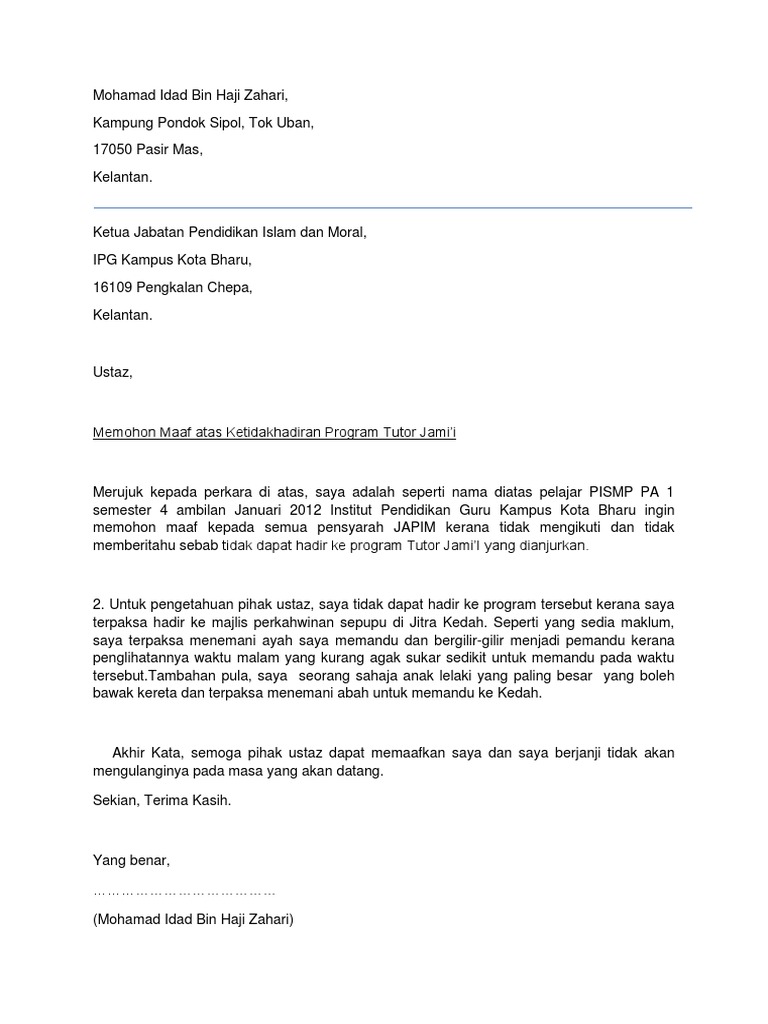 Surat Memohon Kemaafan Pdf