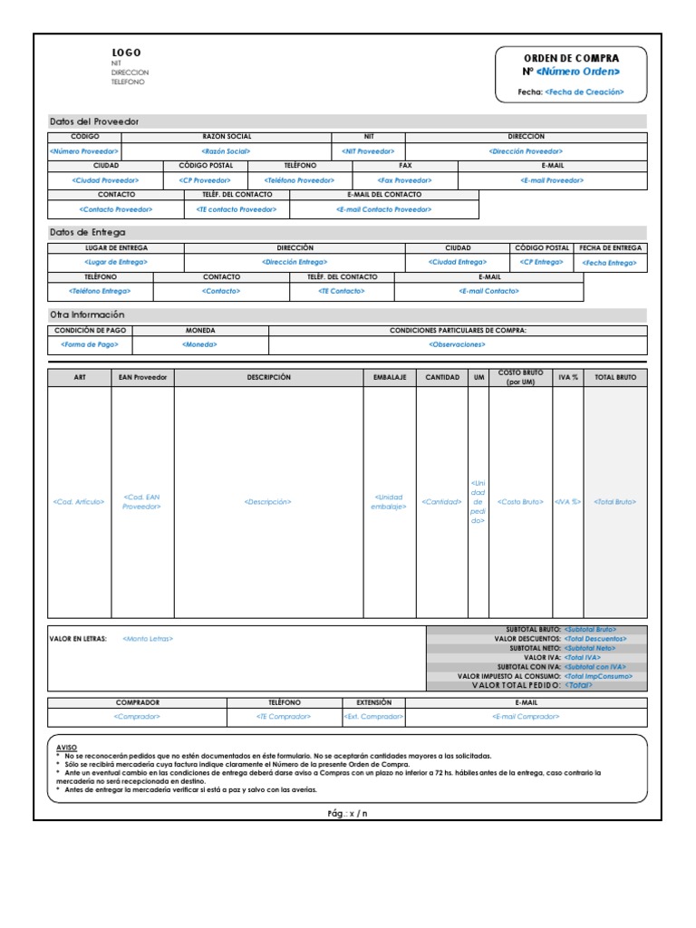 Plantilla De Formulario De Orden De Compra Imprimible Planilla De