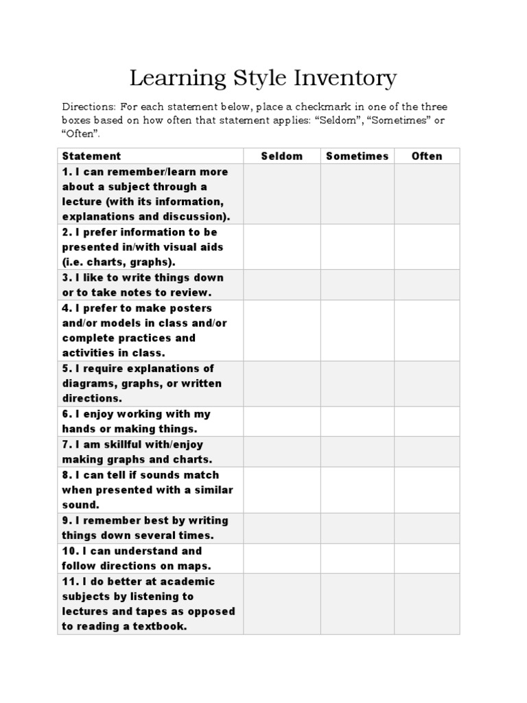 Learning Styles Inventory For Portfolio Standard 1 1 | PDF | Learning Styles | Lecture for Free Learning Style Inventory For Students Printable