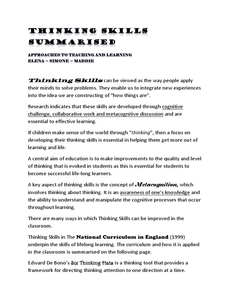 Thinking Skills | PDF | Metacognition | Lifelong Learning