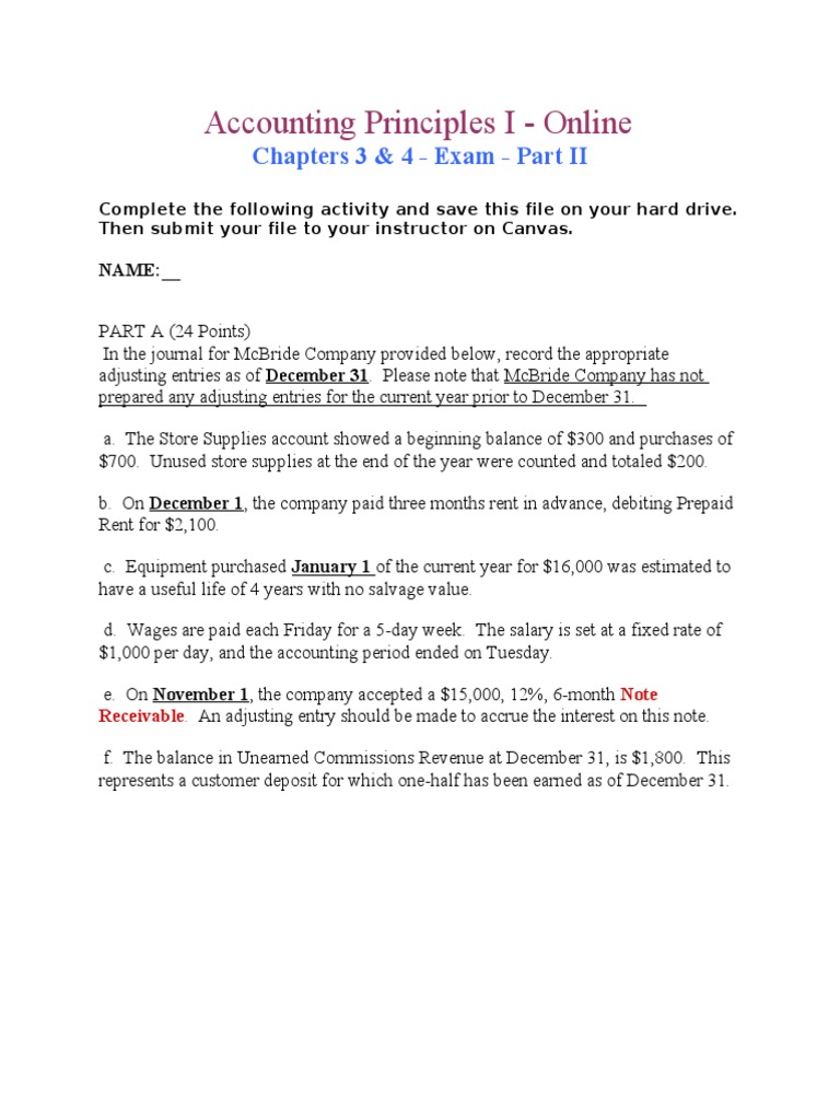 Accounting Principles I - Online: Chapters 3 & 4 - Exam - Part II | PDF ...