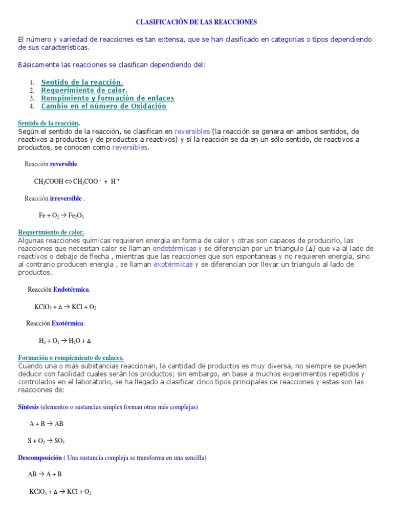 CLASIFICACIÓN DE LAS REACCIONES Catálisis Reacciones