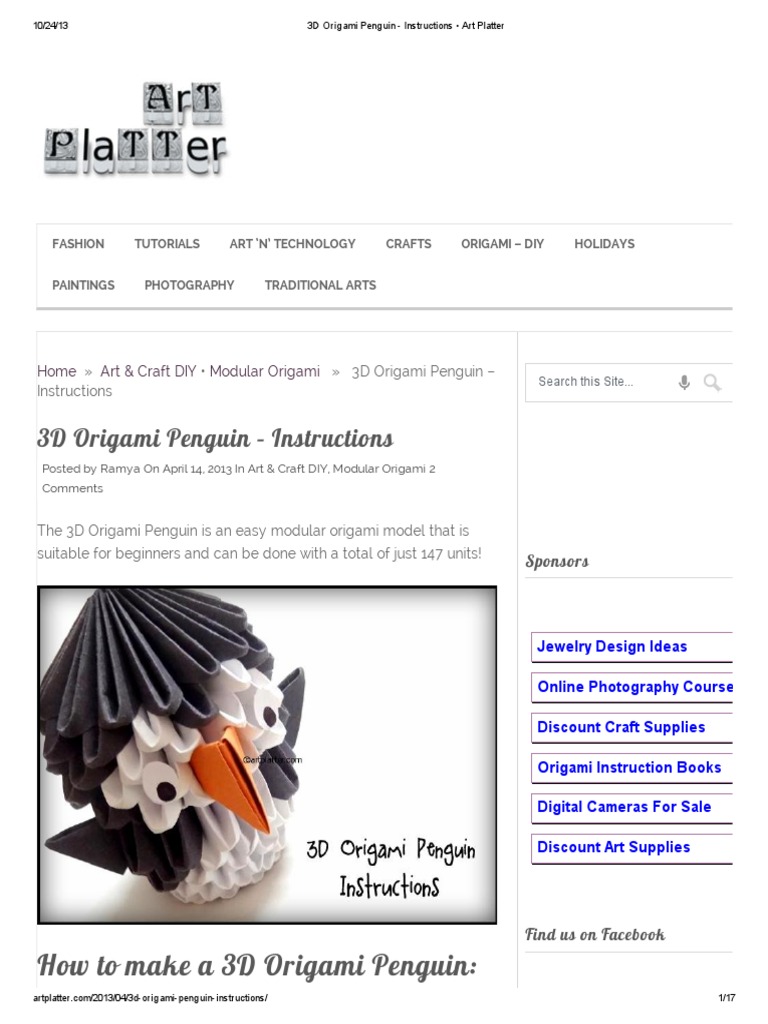 3d Origami Penguin Instructions Art Platterpdf