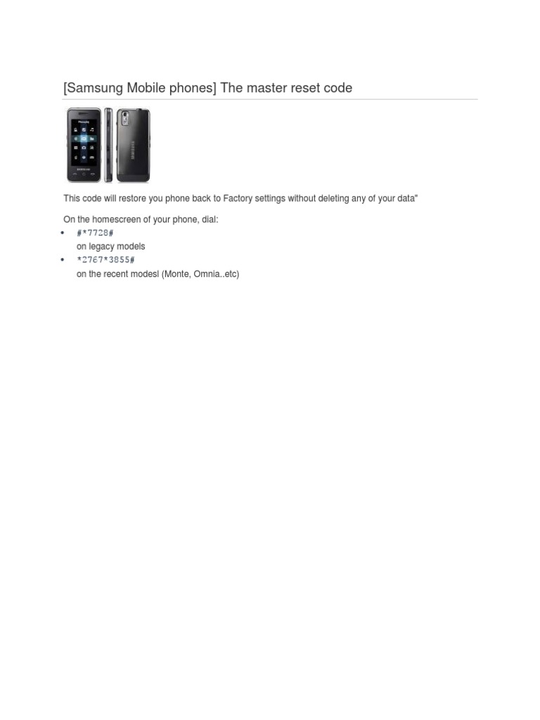 Samsung Master Reset Codes Explained | PDF