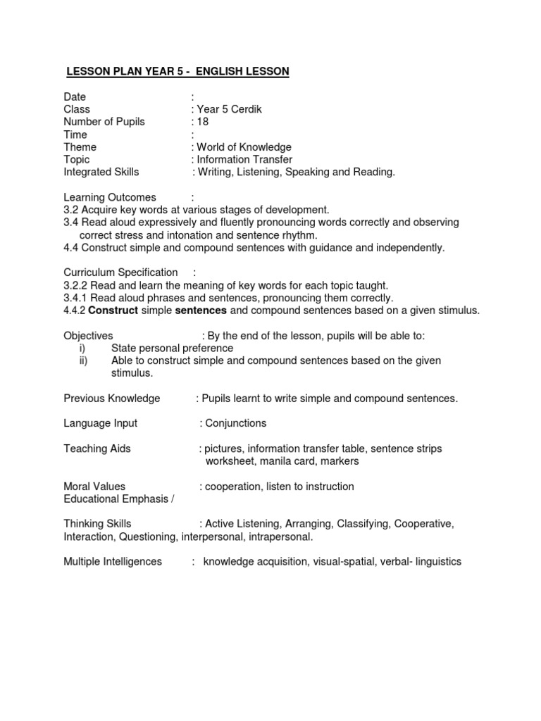 LESSON PLAN Year 5 | PDF | Lesson Plan | Reading (Process)