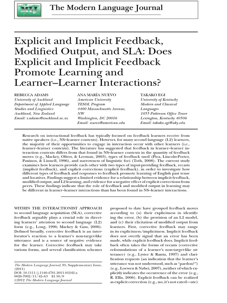 Feedback Types in Learner-Learner Interactions | PDF | Second Language ...