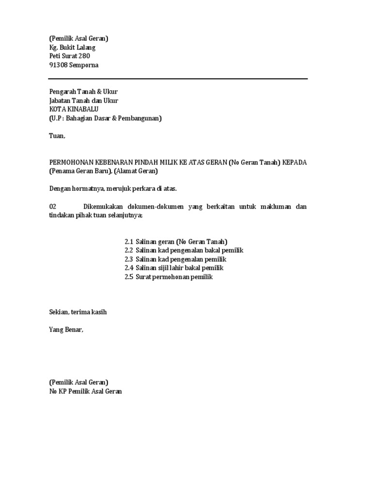 Contoh Surat Tukar Nama Geran  PDF