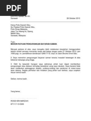 Contoh Surat Rayuan Saman Pdrm