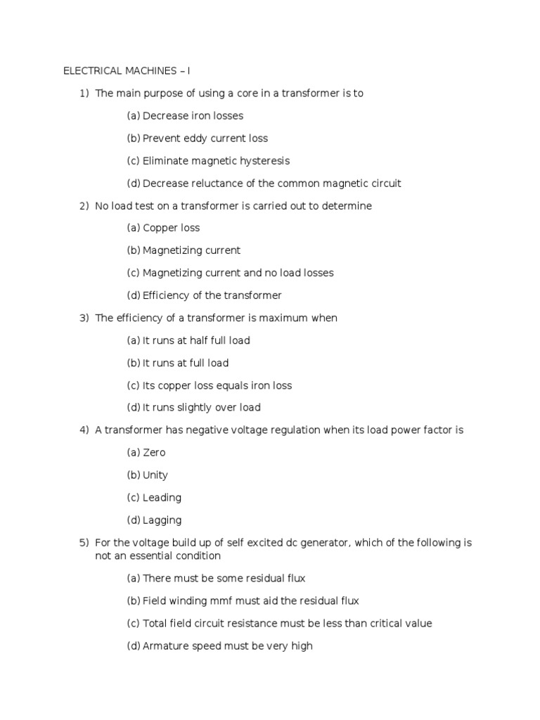 ELECTRICAL MACHINES Objective Questions PDF