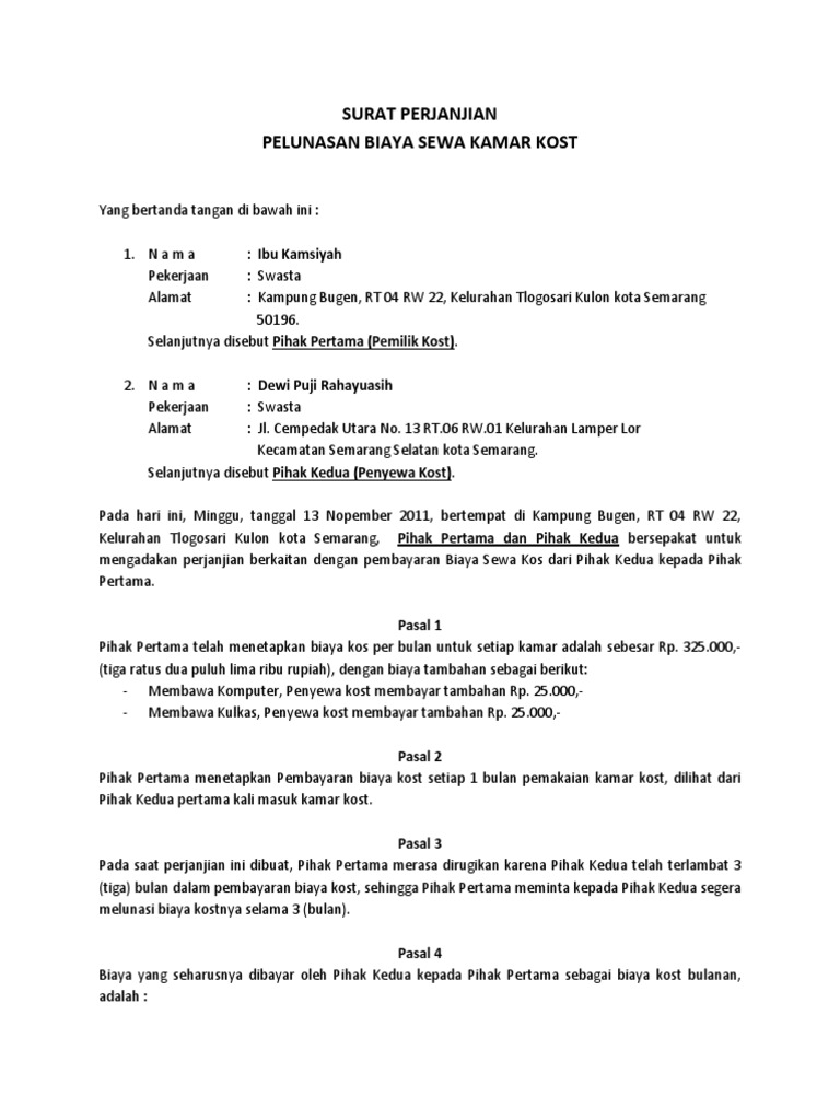 Surat Perjanjian Pembayaran Kos Ayu Docx