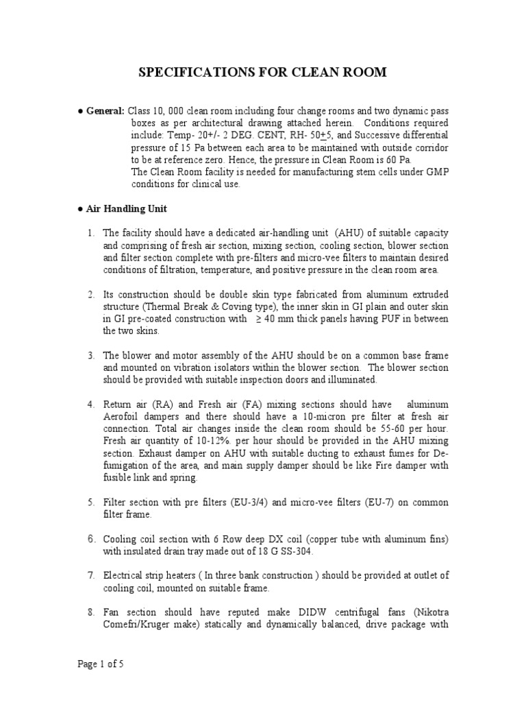 Clean Room Specifications PDF Duct (Flow) Automation
