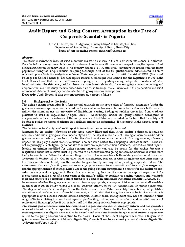 Audit Report And Going Concern Assumption In The Face Of Corporate