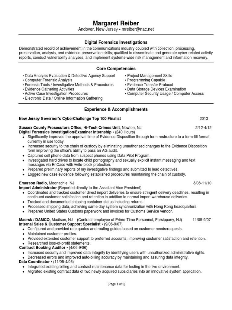 Digital Forensics Investigation Examiner in NYC Resume Margaret Reiber