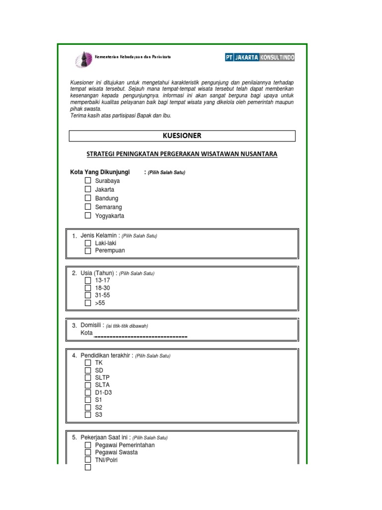 Kuesioner Pariwisata (Objek Wisata) | Pdf