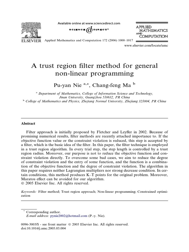 Trust Region Filter Method in Optimization | PDF | Nonlinear ...