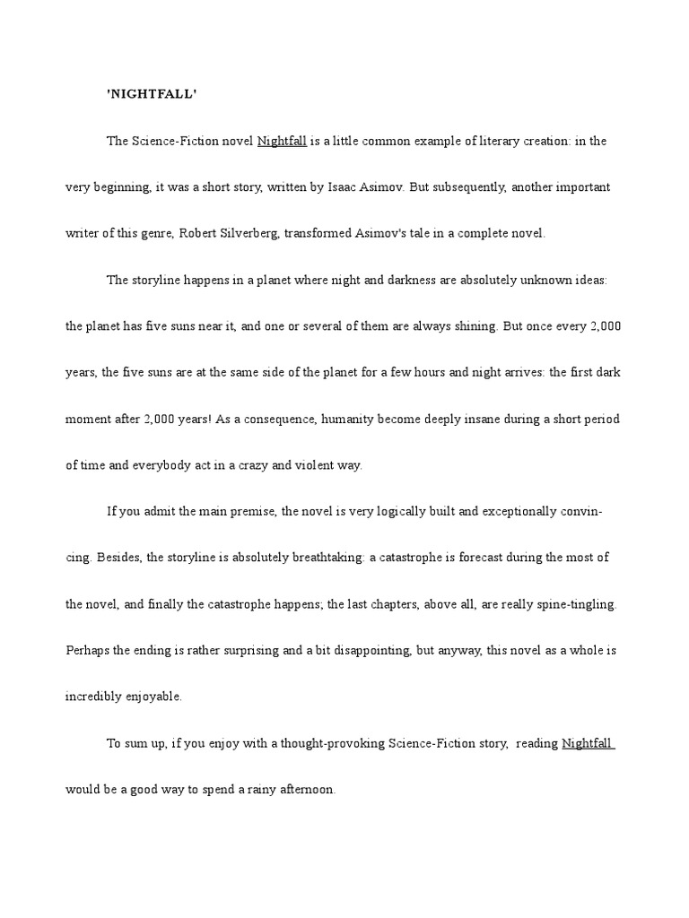 Summary of 'Nightfall' (Isaac Asimov and Robert Silverberg) PDF