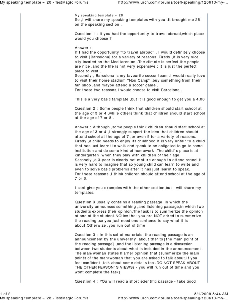 TOEFL Speaking Tips & Templates | PDF | Cognitive Science | Cognition