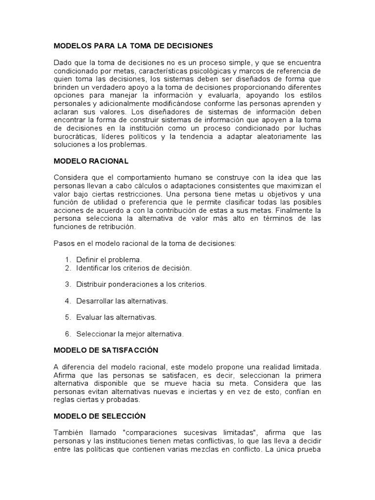 Modelos para la Toma de Decisiones | PDF | Racionalidad | Toma de ...