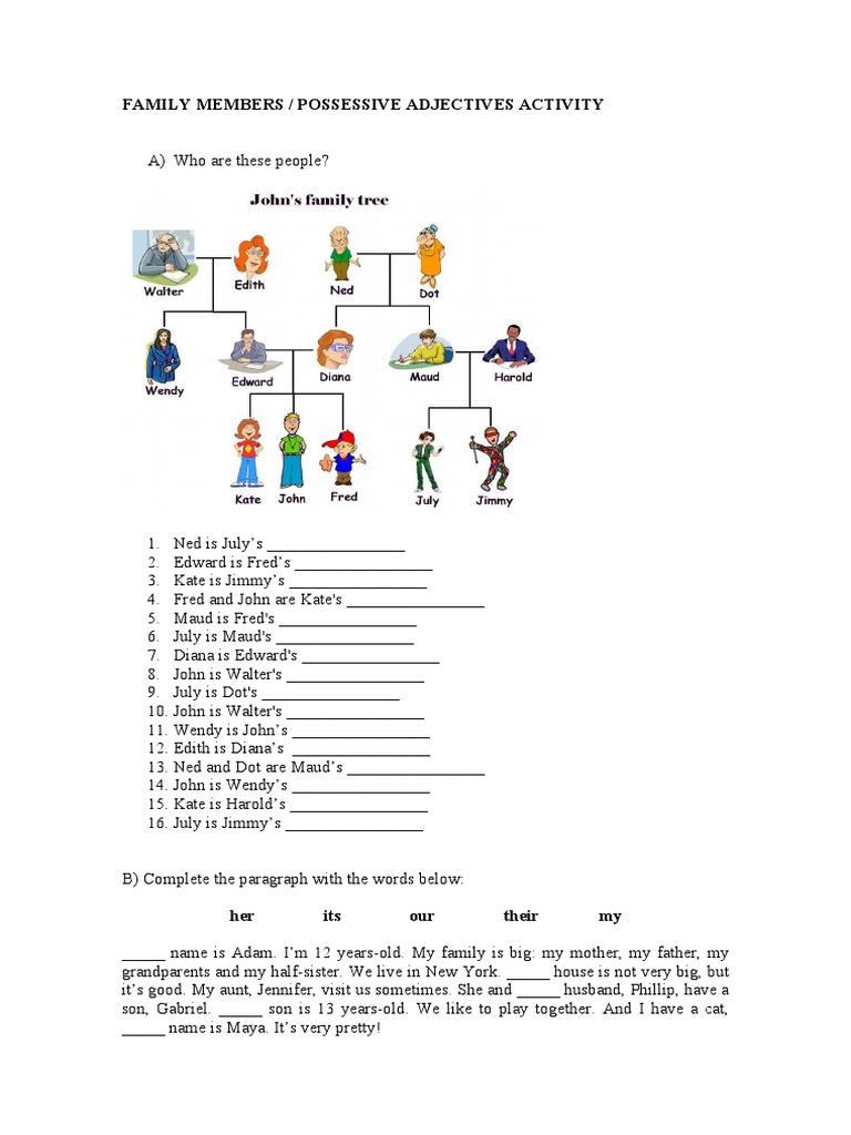 Family Members & Possessive Adjectives Worksheet | PDF | Travel